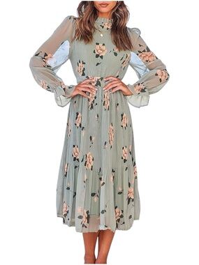 Anrabess Sage Green Floral Pleated Dress Ruffle Mock Neck Long Sleeve - Medium